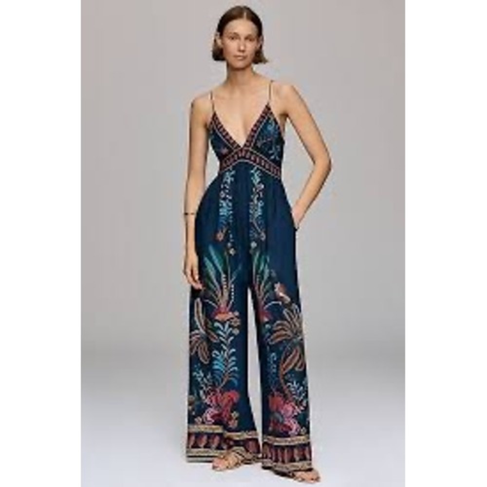 Farm Rio for Anthropologie Navy Tropical Floral Wide Leg Jumpsuit XS NWT